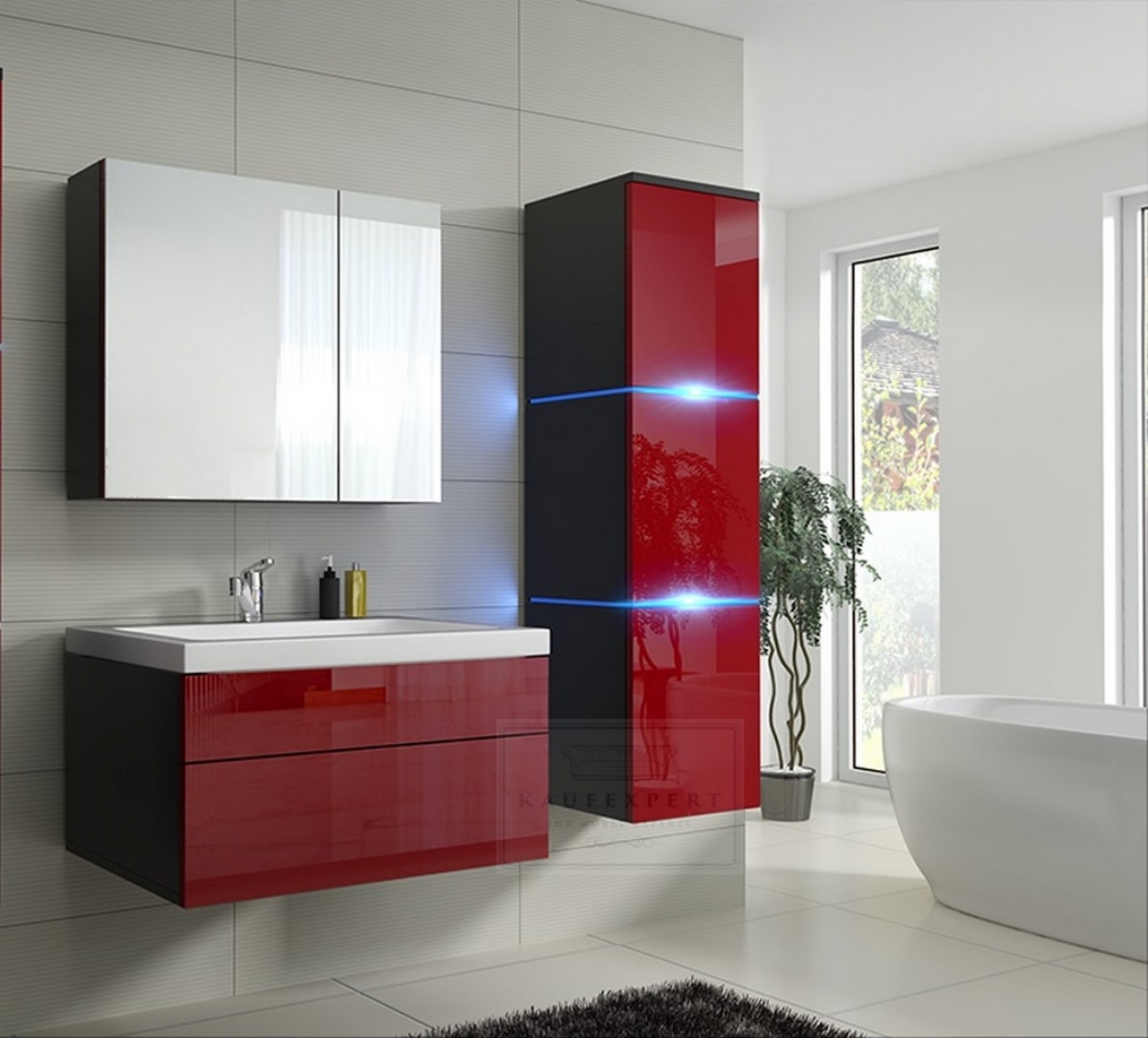 Badmöbel-Set Lux 1 NEW Rot Hochglanz/Schwarz KERAMIK Waschbecken Badezimmer Led Beleuchtung Badezimmermöbel Keramikbecken