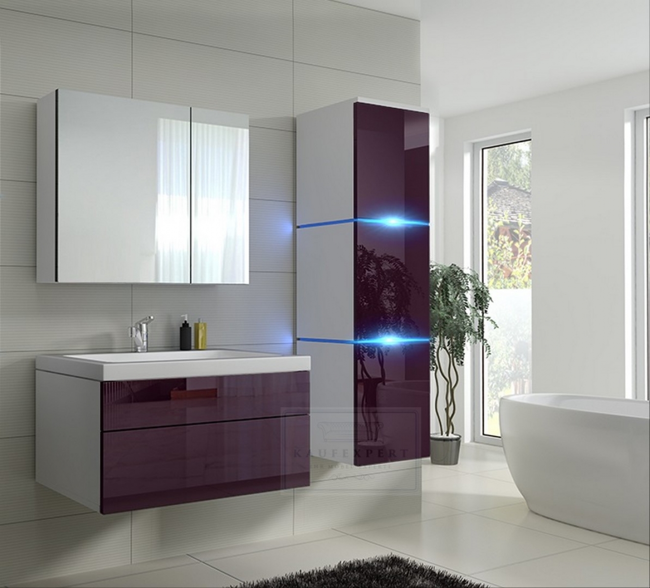 Badmöbel-Set Lux 1 NEW Aubergine Hochglanz/Weiß KERAMIK Waschbecken Badezimmer Led Beleuchtung Badezimmermöbel Keramikbecken