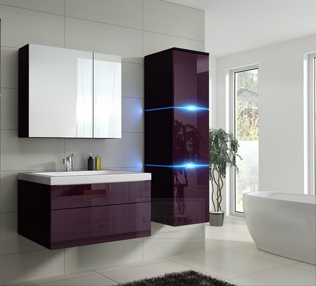 Badmöbel-Set Lux 1 NEW Aubergine Hochglanz/Schwarz KERAMIK Waschbecken Badezimmer Led Beleuchtung Badezimmermöbel Keramikbecken