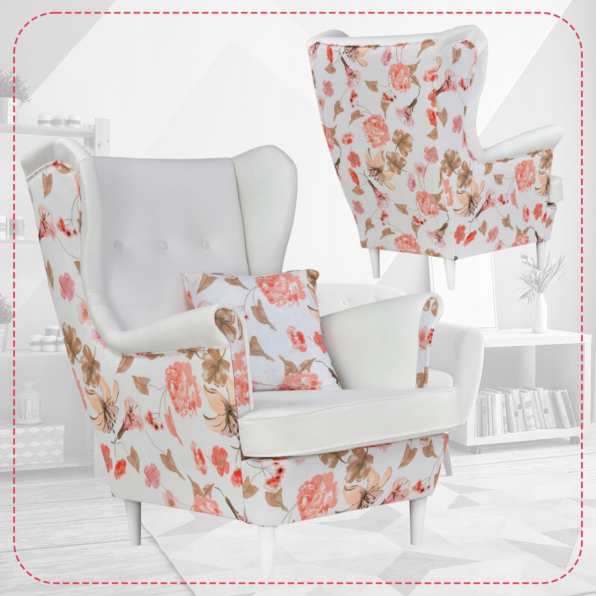 Ohrensessel ARI M 68 / MIKRO 31  Wohnzimmersessel Blumenmuster Sessel Kissen, ohne Hocker mit Knopfheftung