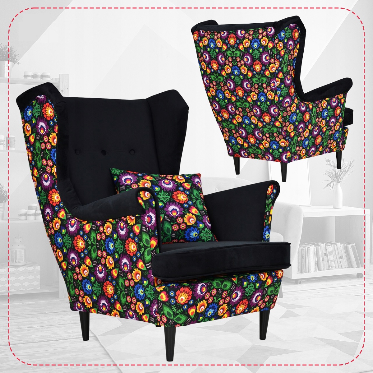Ohrensessel ARI M 77 / Royal 31  Wohnzimmersessel Sessel inkl. Kissen, ohne Hocker, mit Knopfheftung , Schwarz Blumenmuster