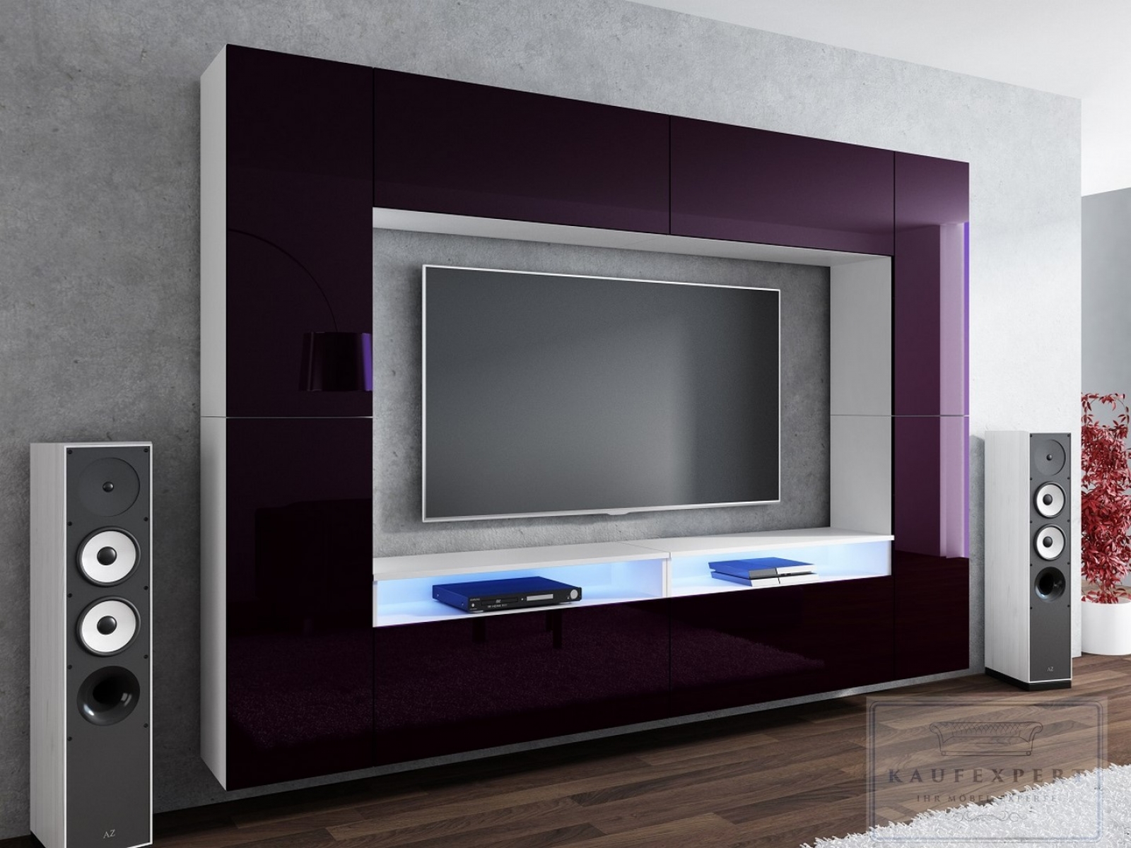 Wohnwand Cinema Aubergine Hochglanz/Weiß Mediawand Medienwand Design Modern Led Beleuchtung MDF Hochglanz Hängewand Hängeschrank TV Wand