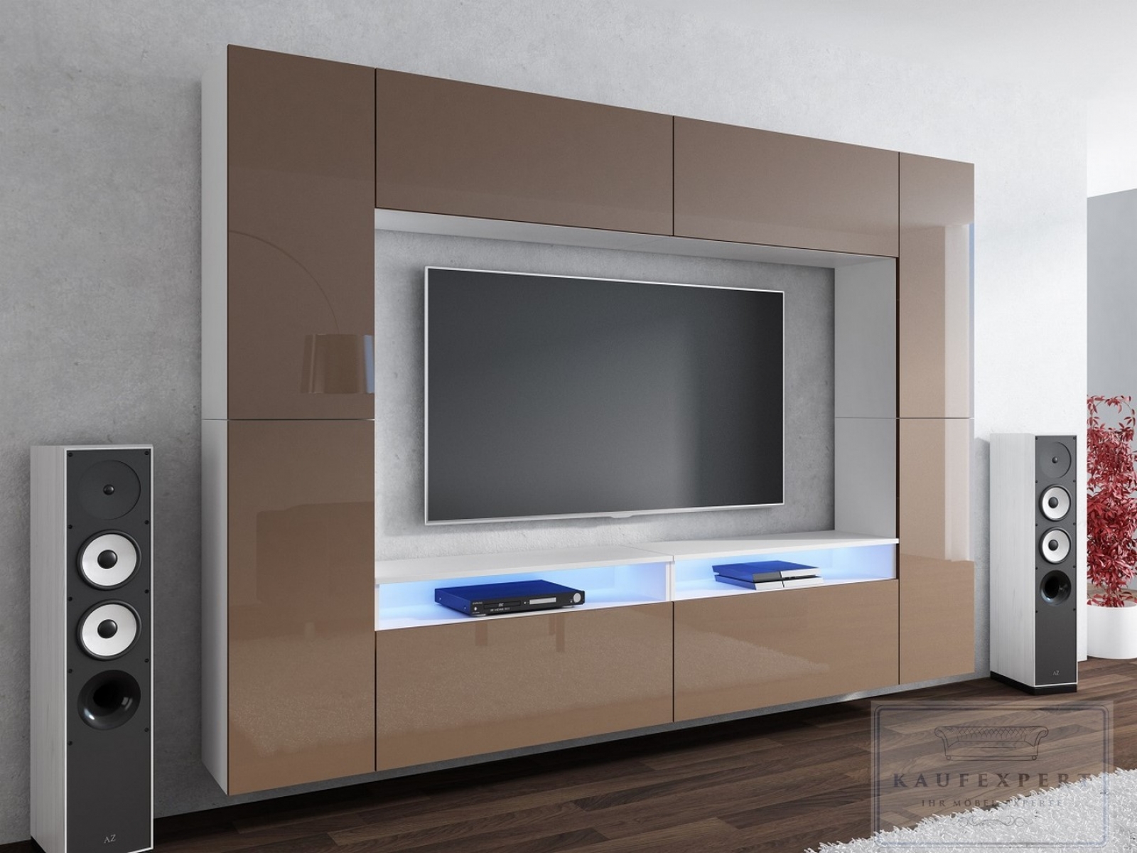 Wohnwand Cinema Cappuccino Hochglanz/Weiß Mediawand Medienwand Design Modern Led Beleuchtung MDF Hochglanz Hängewand Hängeschrank TV Wand