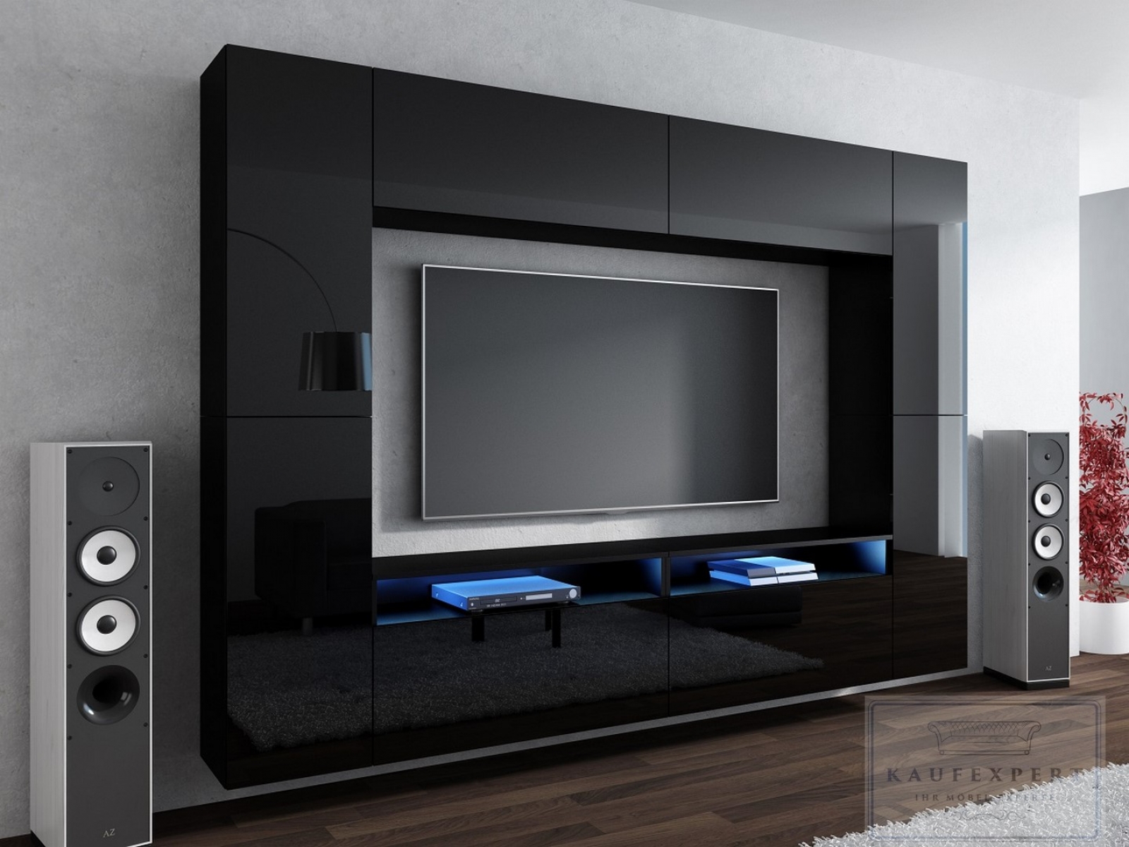 Wohnwand Cinema Schwarz Hochglanz/ Schwarz Mediawand Medienwand Design Modern Led Beleuchtung MDF Hochglanz Hängewand Hängeschrank TV Wand