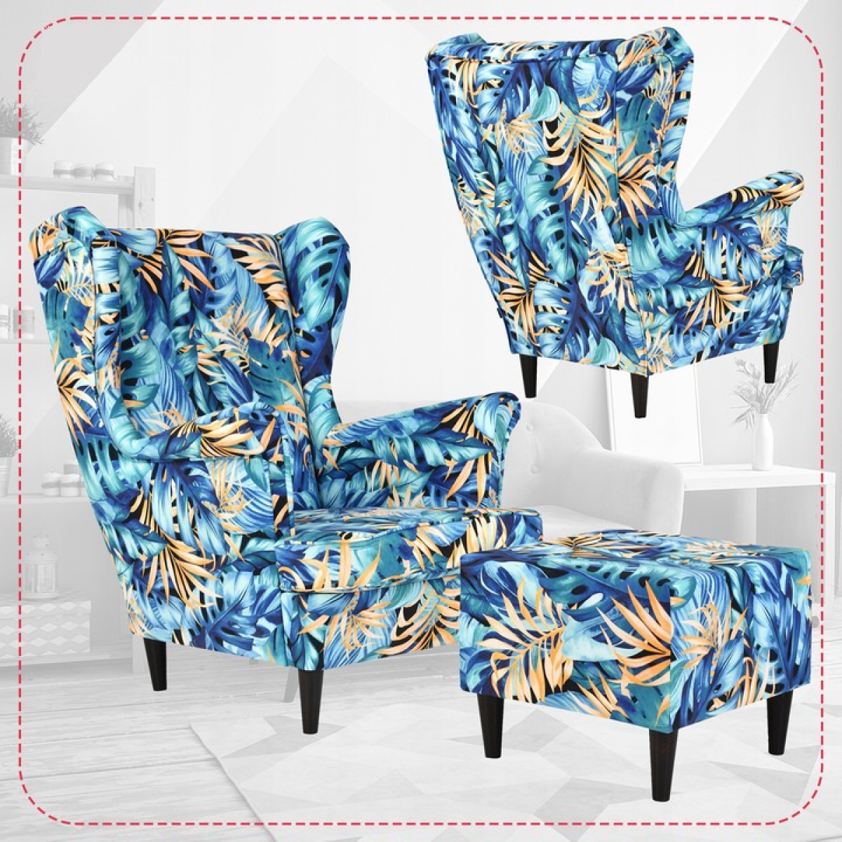 Ohrensessel Poly 10 mit Hocker Wohnzimmersessel  Blumenmuster