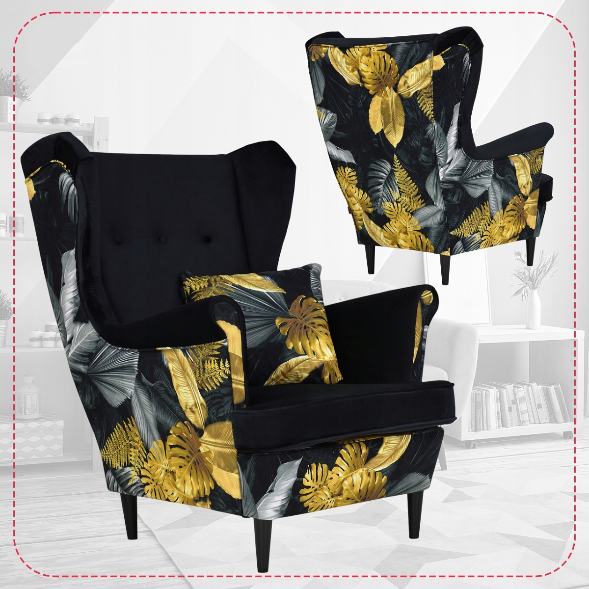 Ohrensessel ARI Poly 3 / Royal 31  Wohnzimmersessel Blumenmuster Sessel inkl. Kissen, ohne Hocker mit Knopfheftung Schwarz