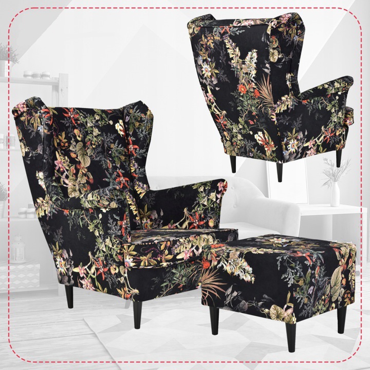 Ohrensessel Poly 8 mit Hocker Wohnzimmersessel  Blumenmuster