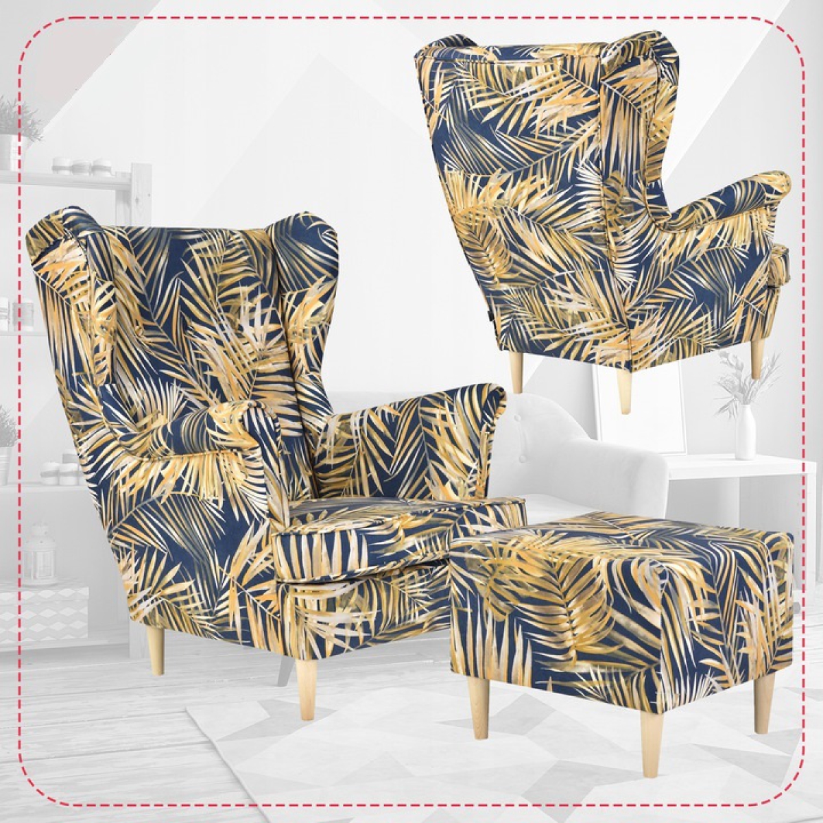 Ohrensessel Poly 9 mit Hocker Wohnzimmersessel  Blumenmuster