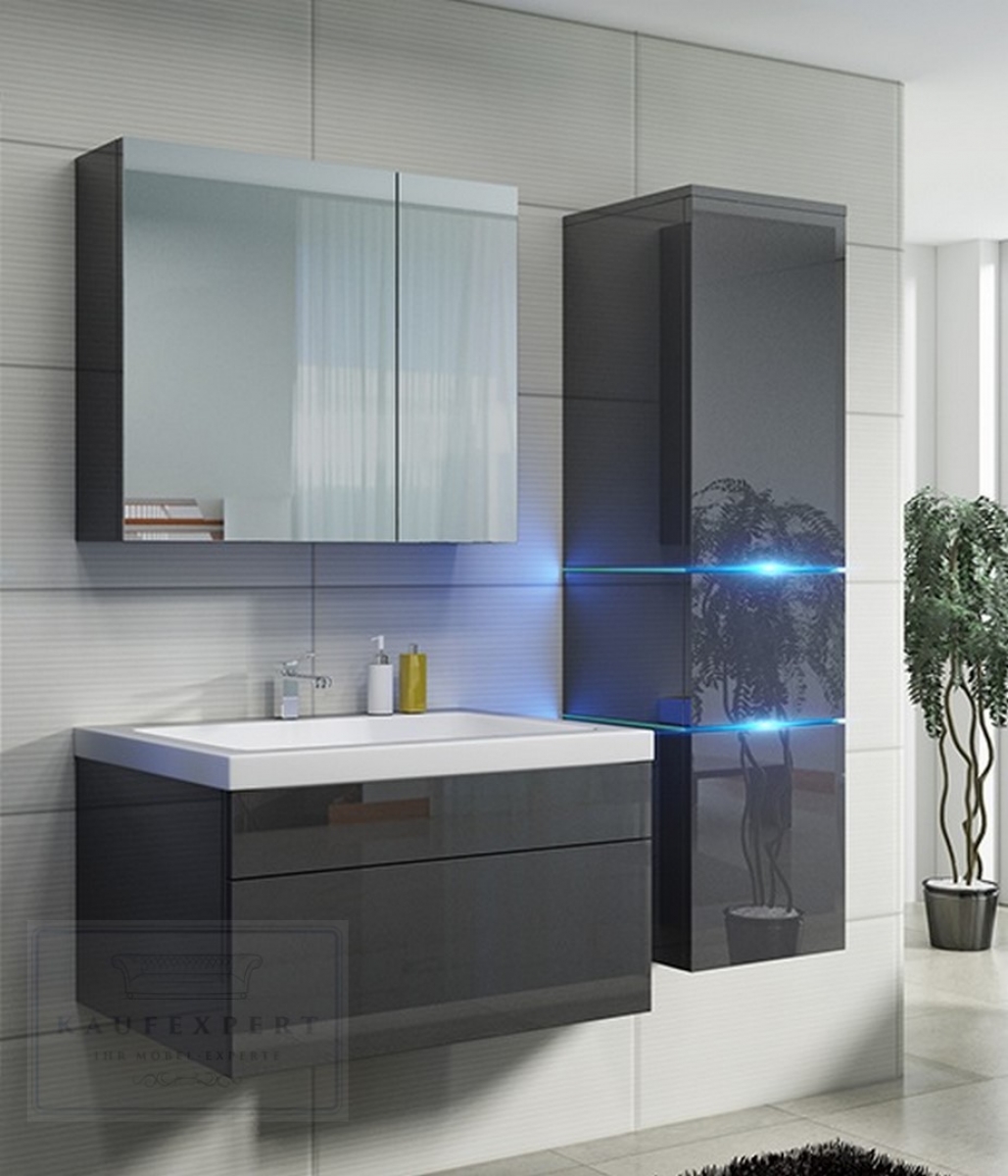 Badmöbel-Set Prestige 1 Grau Hochglanz Lackiert KERAMIK Waschbecken Badezimmer Led Beleuchtung Badezimmermöbel Lack Spiegelschrank