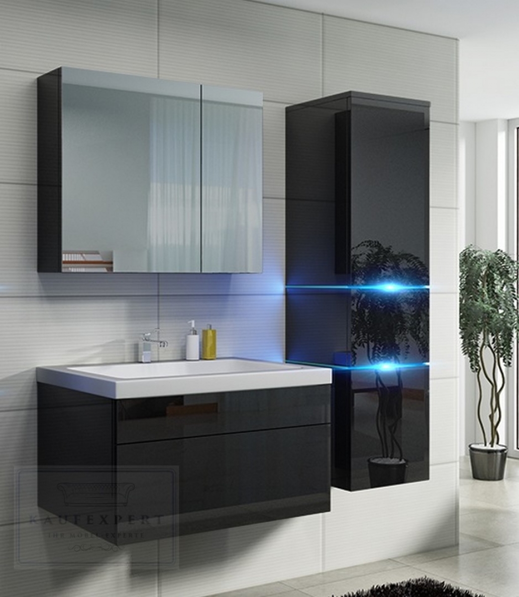 Badmöbel-Set Prestige 1 Schwarz Hochglanz Lackiert KERAMIK Waschbecken Badezimmer Led Beleuchtung Badezimmermöbel Lack Spiegelschrank