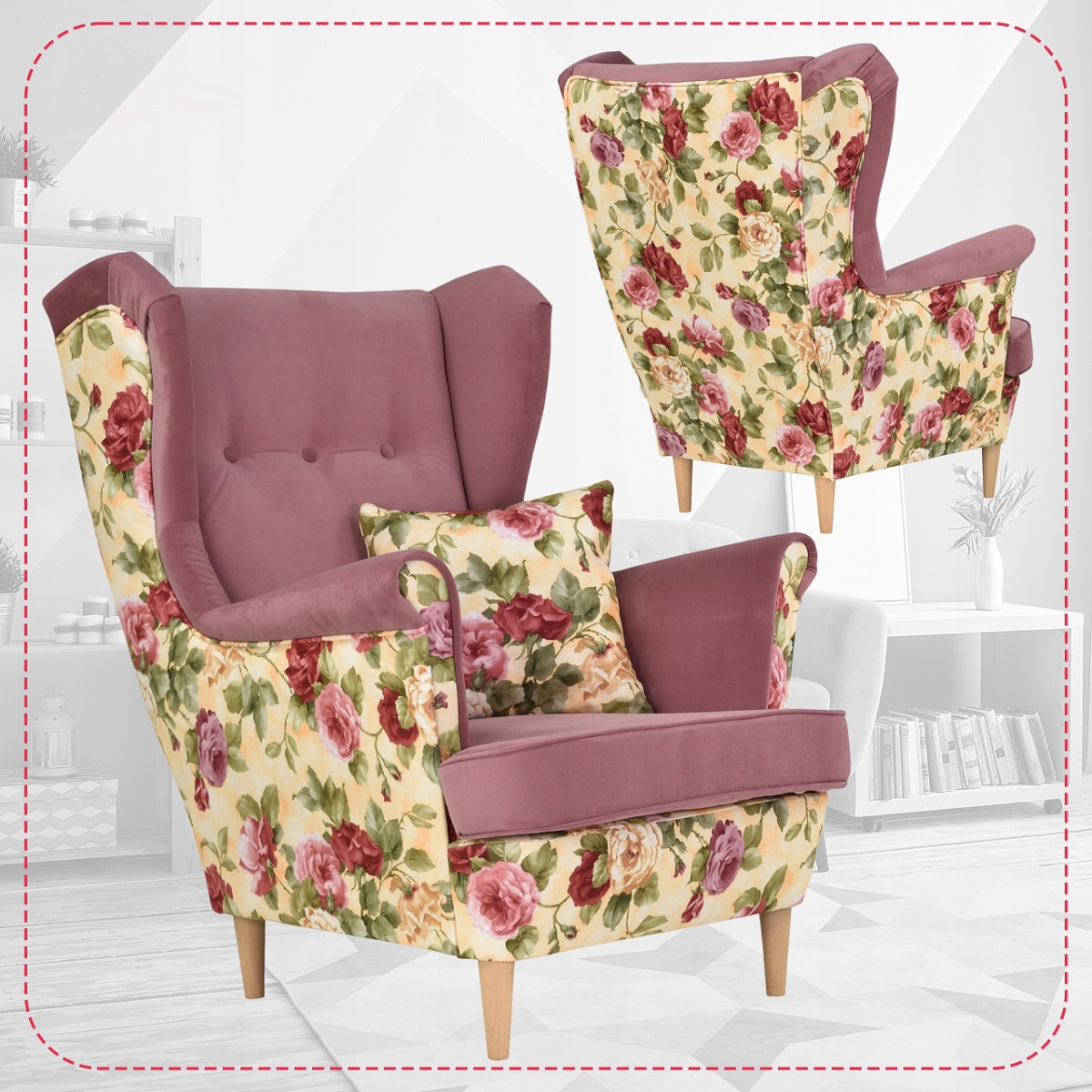 Ohrensessel ARI Rose 01 / Trinity 23  Wohnzimmersessel Blumenmuster Sessel Kissen, ohne Hocker, mit Knopfheftung