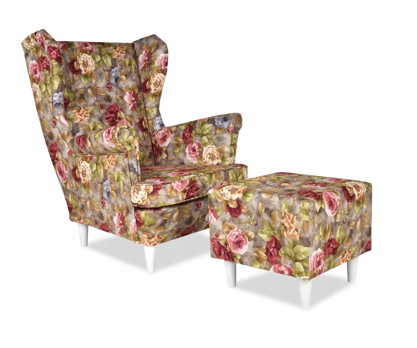 Ohrensessel ROSE 02 mit Hocker Wohnzimmersessel  Blumenmuster