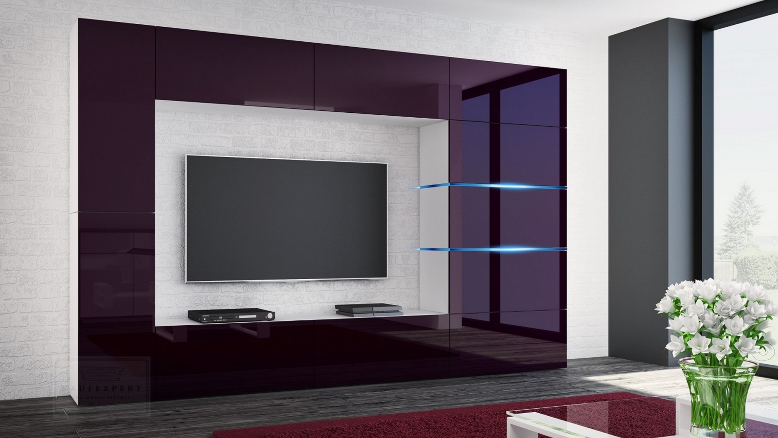 Wohnwand Shadow Aubergine Hochglanz/Weiß 285 cm Mediawand Anbauwand Medienwand Design Modern Led Beleuchtung MDF Hochglanz Stehend TV Wand