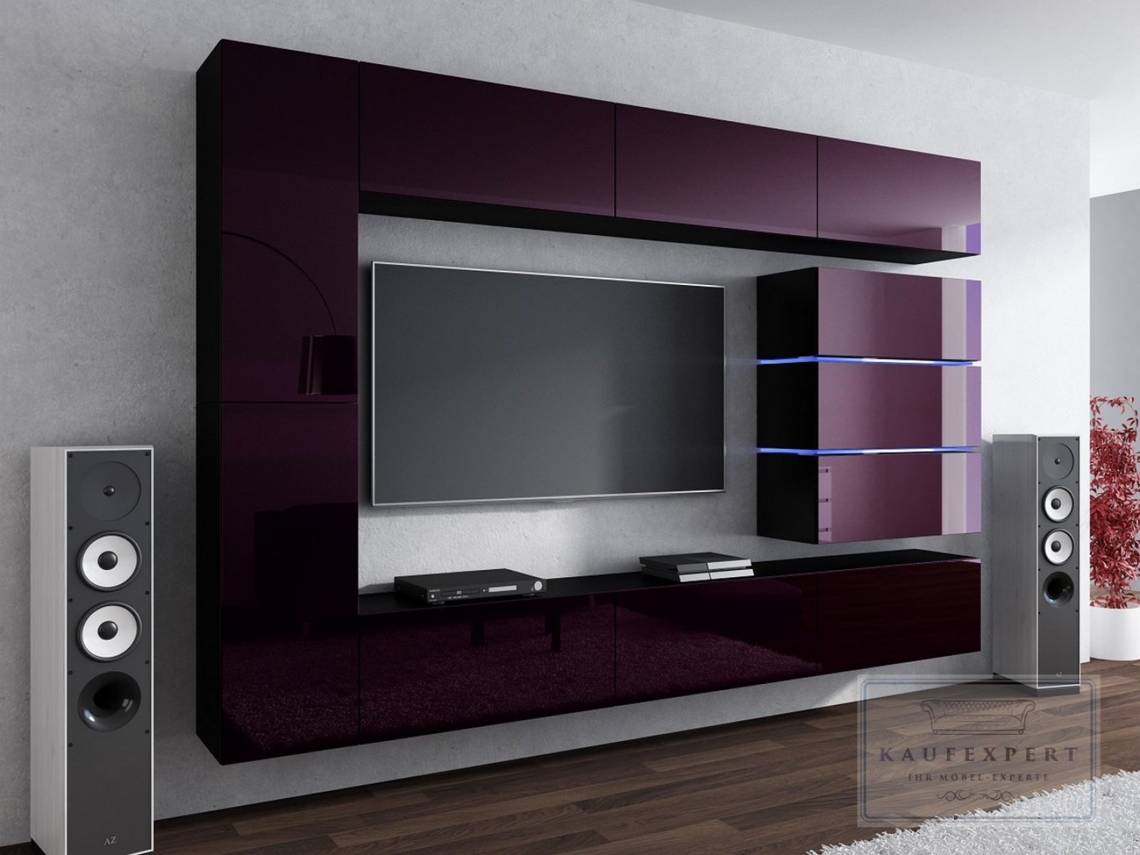 Wohnwand Shine Aubergine Hochglanz/Schwarz 284 cm Mediawand Medienwand Design Modern Led Beleuchtung MDF Hochglanz Hängewand Hängeschrank TV Wand