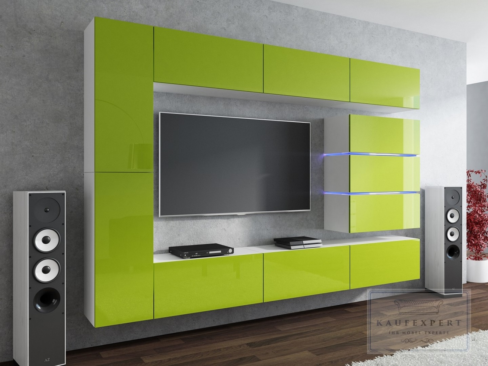 Wohnwand Shine Lime Hochglanz/Weiß 284 cm Mediawand Medienwand Design Modern Led Beleuchtung Hochglanz Hängewand Hängeschrank TV Wand