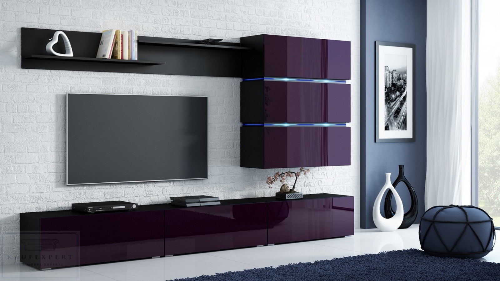 Wohnwand Sigma Aubergine Hochglanz/Schwarz Mediawand Medienwand Design Modern Led Beleuchtung MDF Hochglanz Hängewand Hängeschrank TV Wand