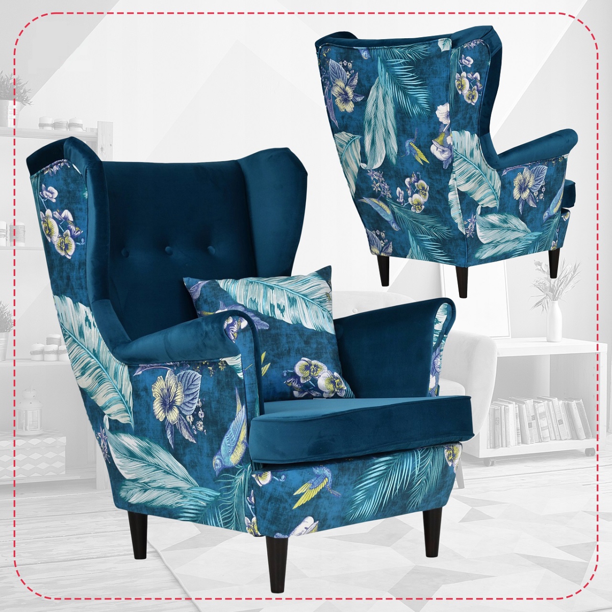 Ohrensessel ARI Spring 1 / Royal 19  Wohnzimmersessel Blumenmuster Sessel Kissen, ohne Hocker, mit Knopfheftung Blau