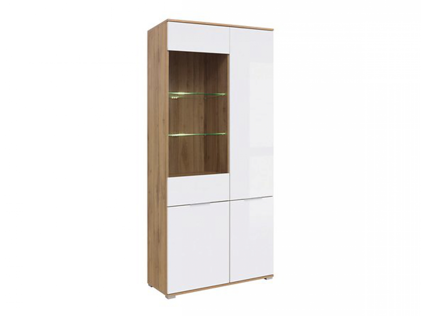 Vitrine Zele 90 cm Weiß Hochglanz/Wotan Eiche Modern Design LED Beleuchtung