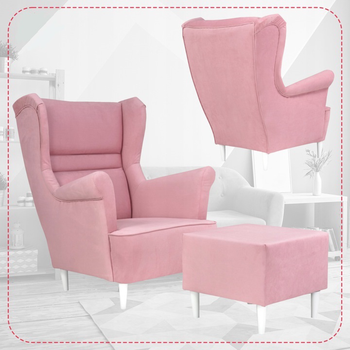 Ohrensessel Zoja Amore 19 mit Hocker Wohnzimmersessel Pink Hellrosa