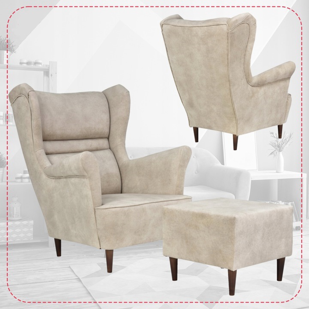 Ohrensessel Zoja Aura 02 mit Hocker Wohnzimmersessel Beige