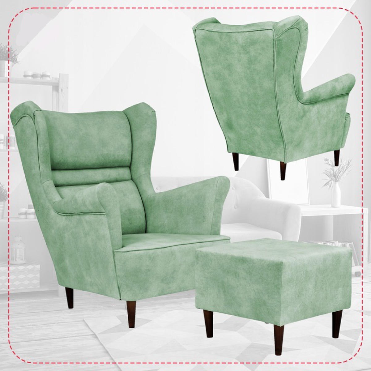 Ohrensessel Zoja Aura 12 mit Hocker Wohnzimmersessel Sessel Pistaziengrün