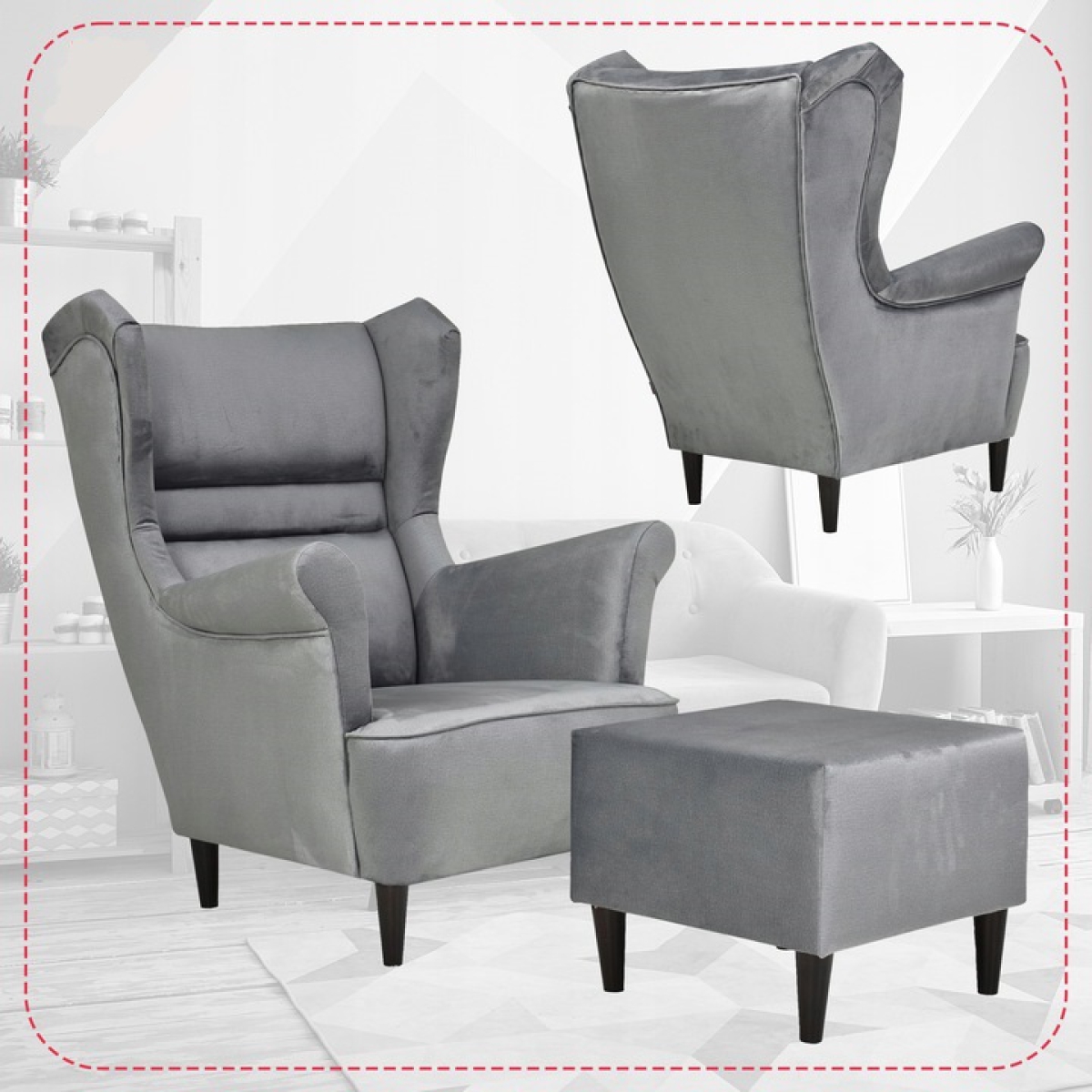 Ohrensessel Zoja Monolith 85 mit Hocker Wohnzimmersessel Sessel Grau