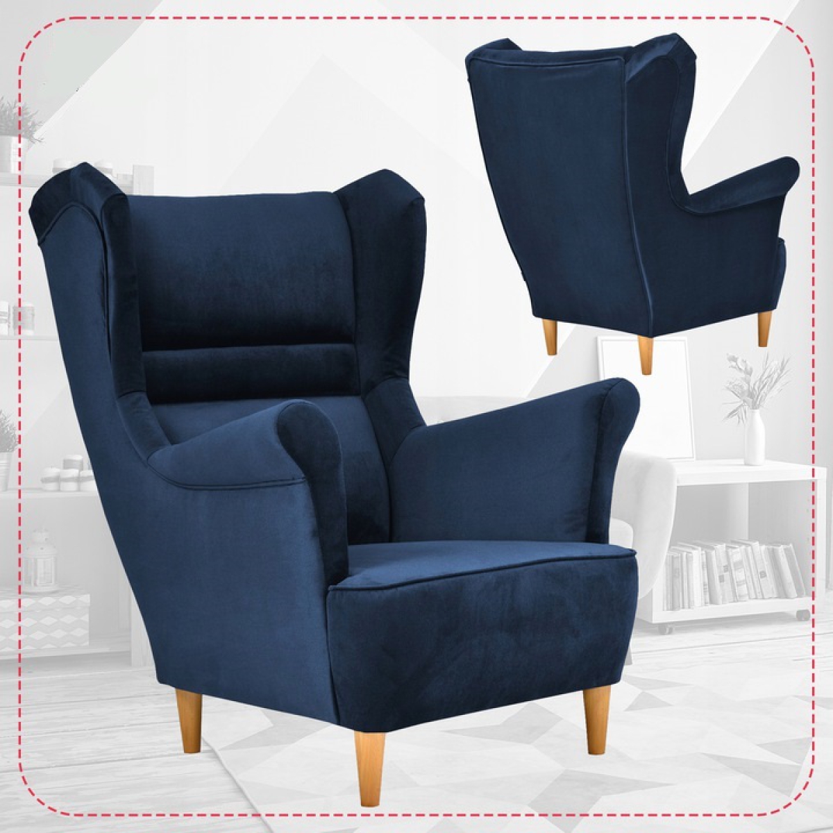 Ohrensessel Zoja New Velo 109 mit Hocker Wohnzimmersessel Blau Indigoblau