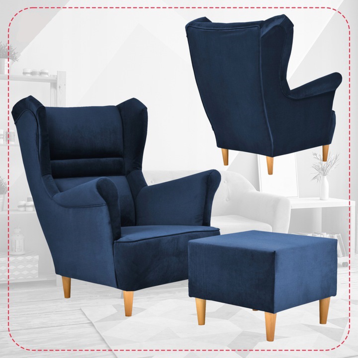 Ohrensessel Zoja New Velo 109 mit Hocker Wohnzimmersessel Blau Indigoblau