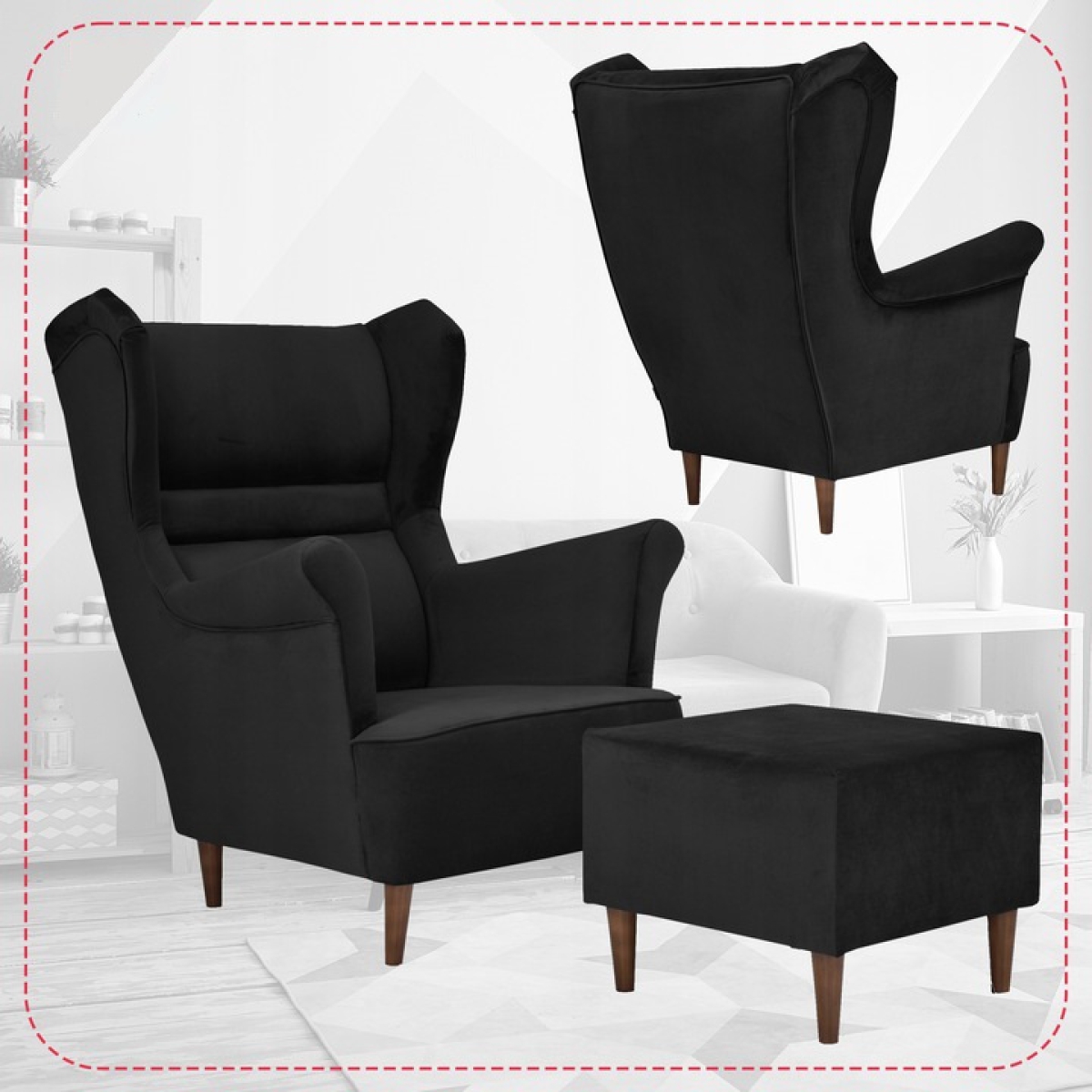 Ohrensessel Zoja Royal 31 mit Hocker Sessel Wohnzimmersessel Schwarz
