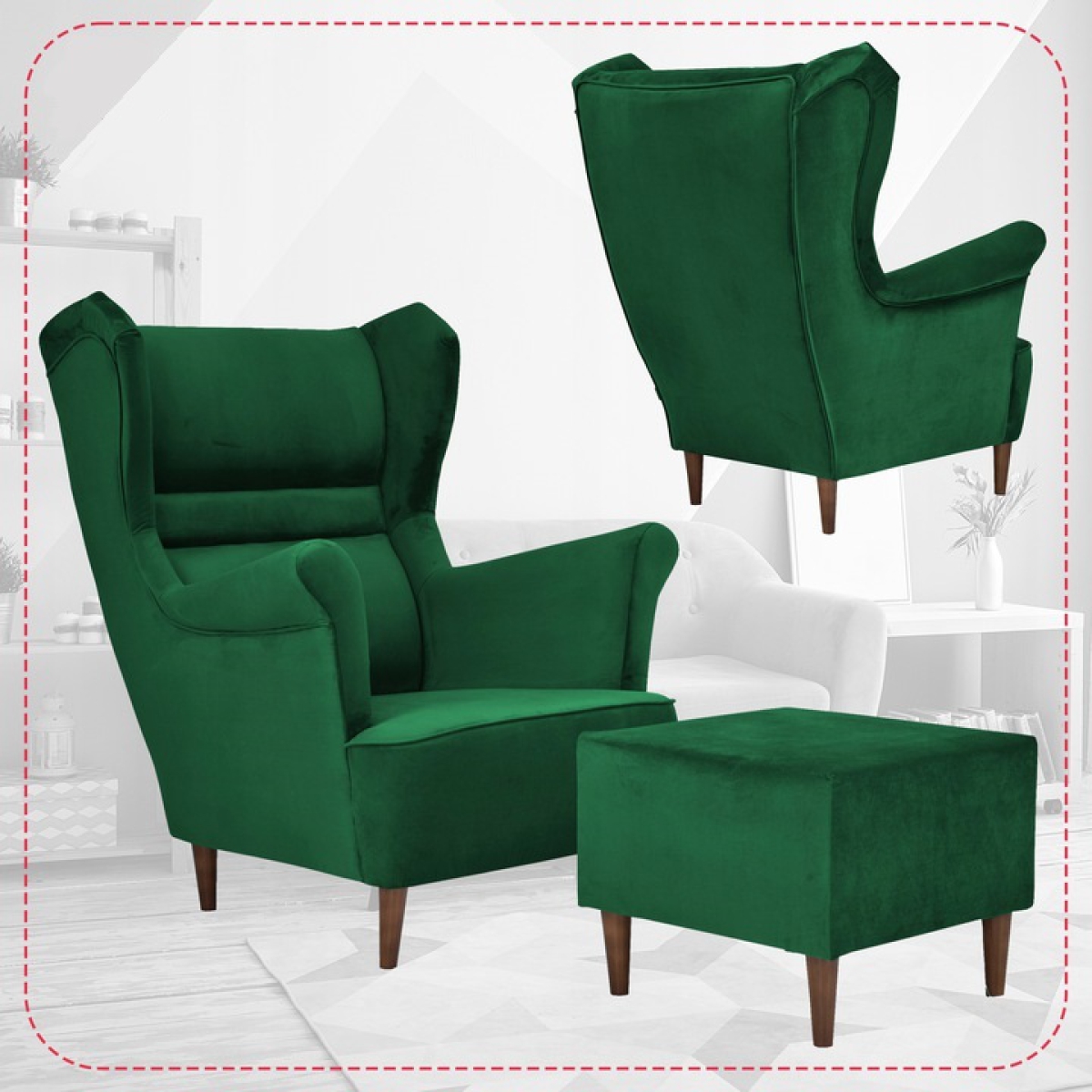 Ohrensessel Zoja Royal 33 mit Hocker Wohnzimmersessel Sessel Flaschengrün
