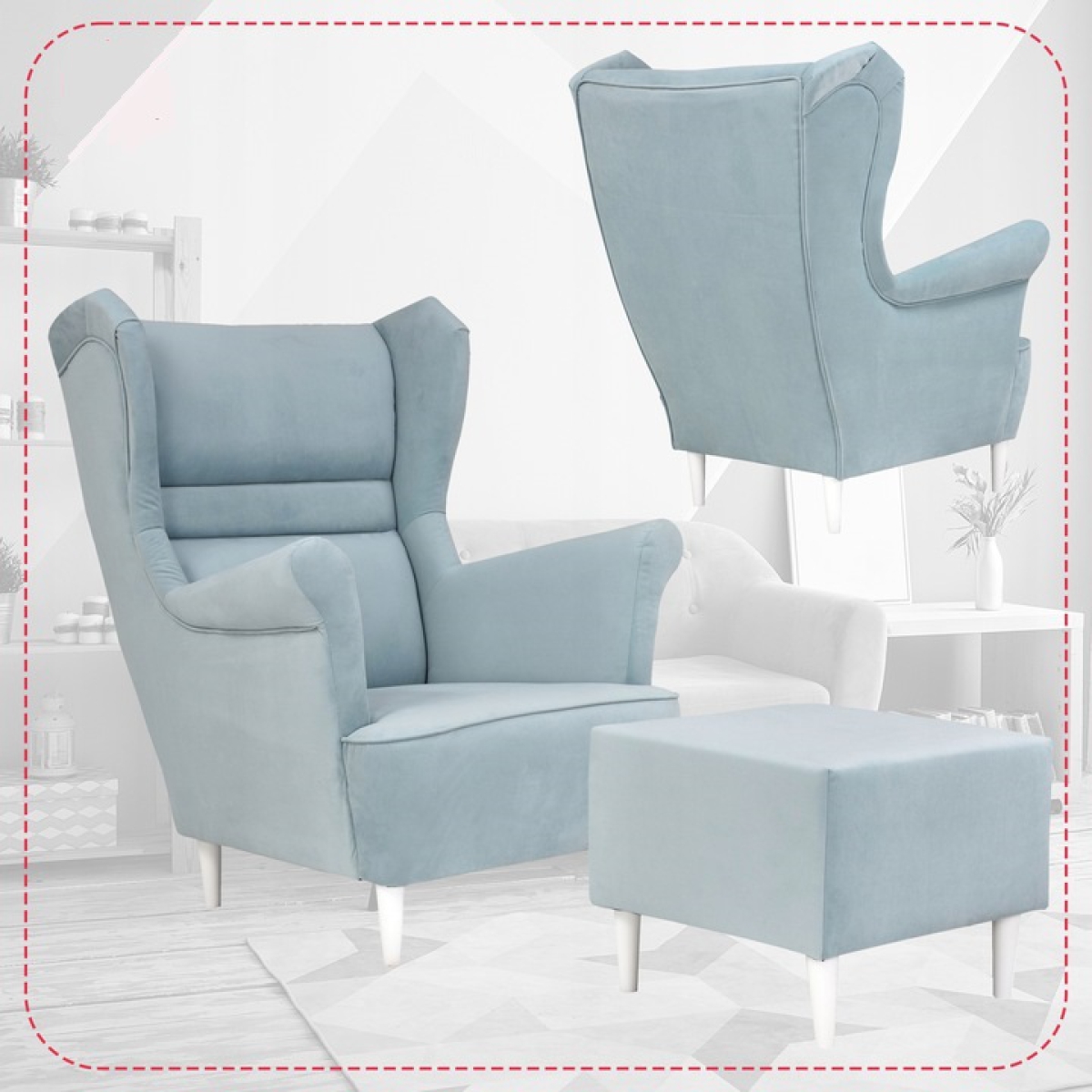 Ohrensessel Zoja Trinity 22 mit Hocker Wohnzimmersessel Sessel Hellblau