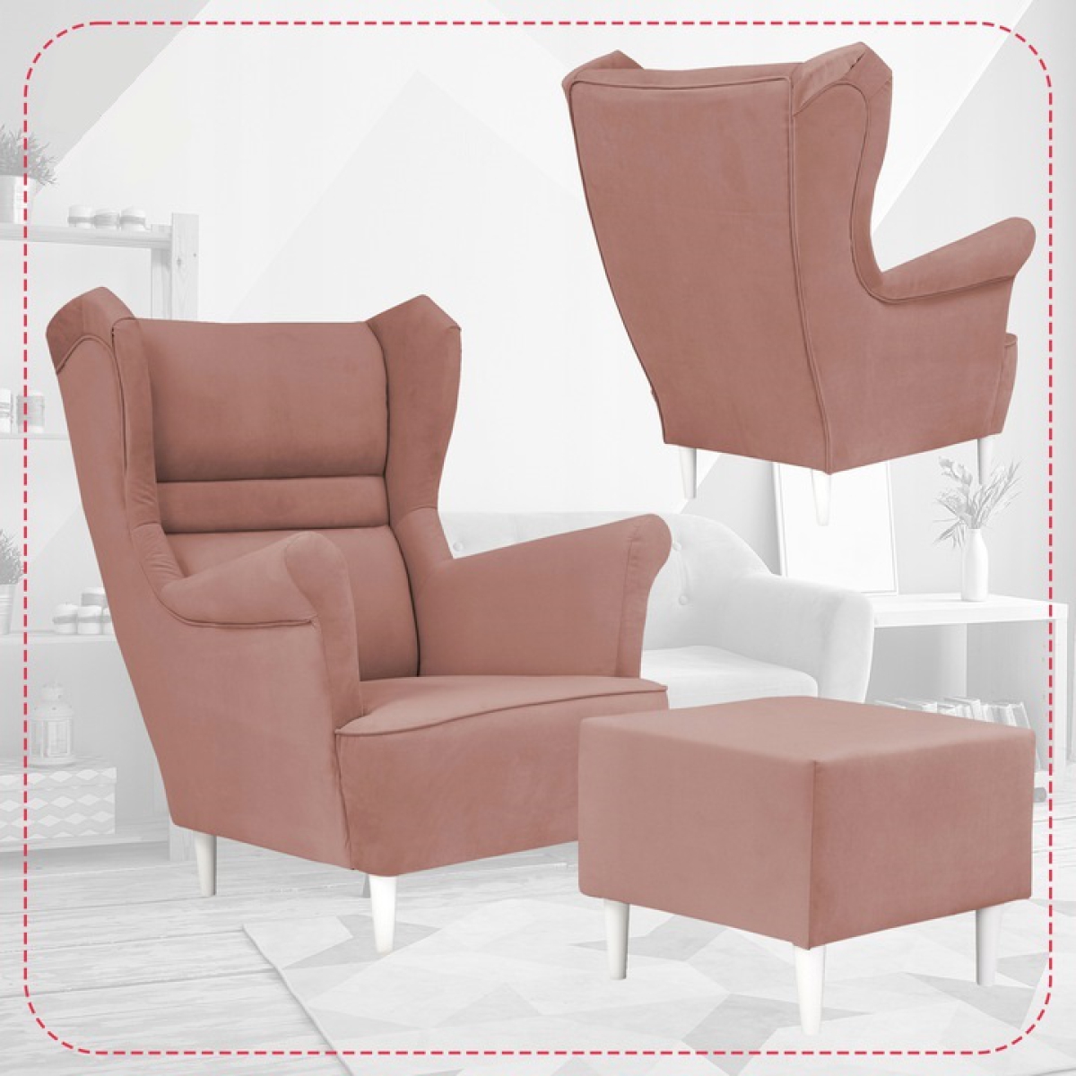 Ohrensessel Zoja Trinity 23 mit Hocker Wohnzimmersessel Sessel Rosa