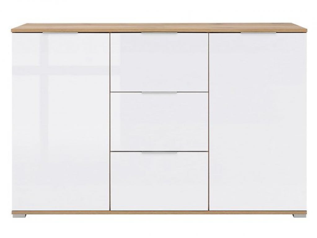 Kommode Zele Sideboard 135 cm Weiß Hochglanz/Wotan Eiche Modern Design Anrichte