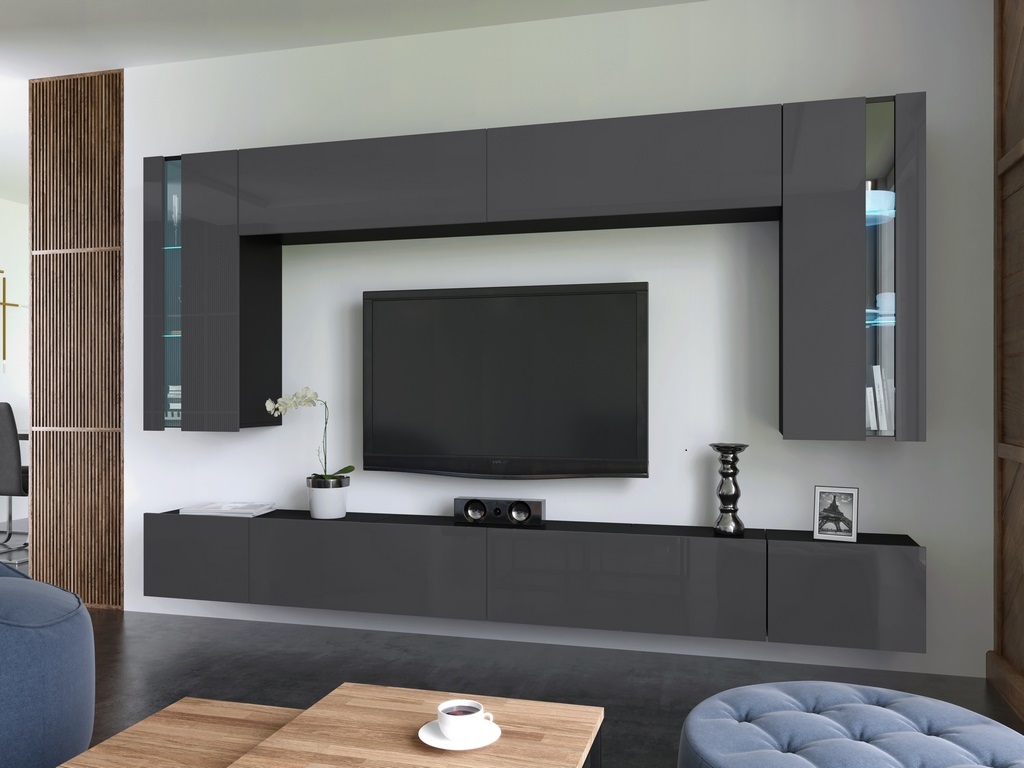 NEUHEIT 2022 Wohnwand Crystal MDF Grau Hochglanz/ Schwarz Medienwand Design Modern Led Beleuchtung Hängewand TV Wand Hängeschrank