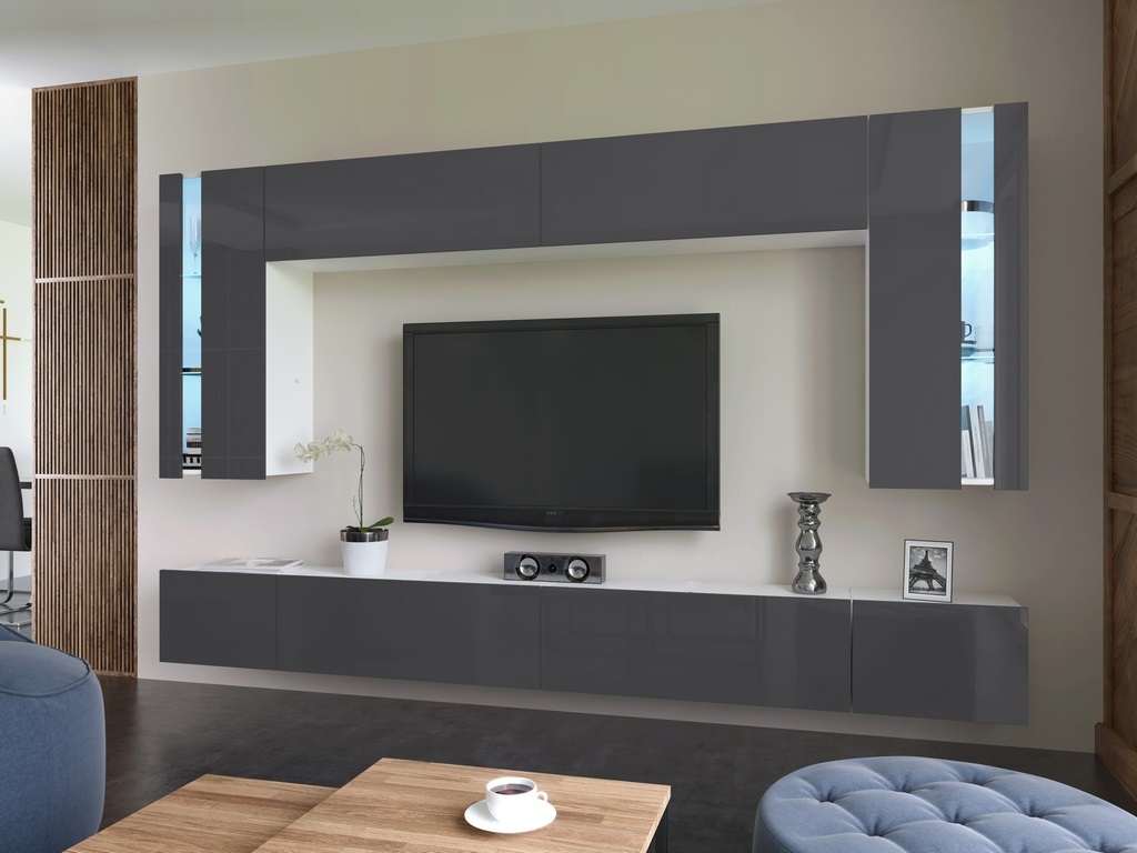 NEUHEIT 2022 Wohnwand Crystal MDF Grau Hochglanz/ Weiß Medienwand Design Modern Led Beleuchtung Hängewand TV Wand Hängeschrank