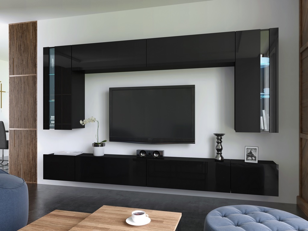 NEUHEIT 2022 Wohnwand Crystal MDF Schwarz Hochglanz/ Schwarz Mediawand Medienwand Design Modern Led Beleuchtung Hängewand TV Wand Hängeschrank