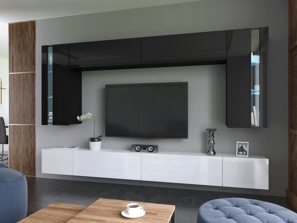 NEUHEIT 2022 Wohnwand Crystal MDF Weiß Hochglanz + Schwarz Hochgl./ Weiß + Schwarz Mediawand Medienwand Design Modern Led Beleuchtung Hängewand TV Wand Hängeschrank