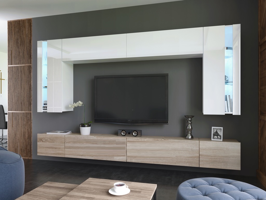 NEUHEIT 2022 Wohnwand Crystal MDF Weiß Hochglanz/ Weiß + Sonoma Eiche Medienwand Design Modern Led Beleuchtung Hängewand TV Wand Hängeschrank