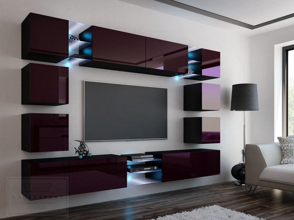 Wohnwand Edge Aubergine Hochglanz/Schwarz  Mediawand Medienwand Design Modern Led Beleuchtung MDF Hochglanz Hängewand Hängeschrank TV Wand