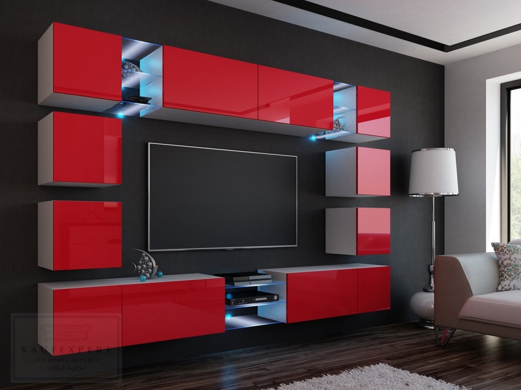 Wohnwand Edge Rot Hochglanz/Weiß  Mediawand Medienwand Design Modern Led Beleuchtung MDF Hochglanz Hängewand Hängeschrank TV Wand