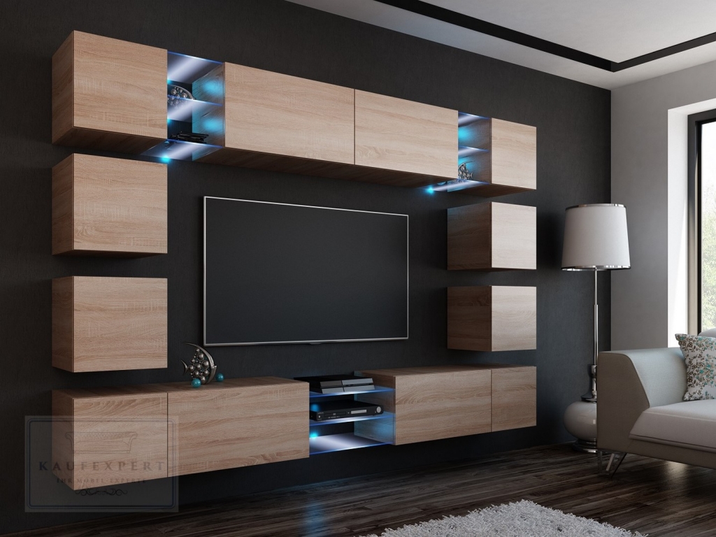 Wohnwand Edge Sonoma Eiche Matt  Mediawand Medienwand Design Modern Led Beleuchtung Hängewand Hängeschrank TV Wand