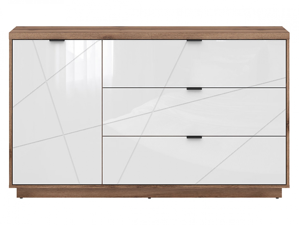 Kommode Forn 156cm Soft Close Weiß Hochglanz/Eiche Delano Sideboard Modern Design Anrichte Wohnzimmer Schrank