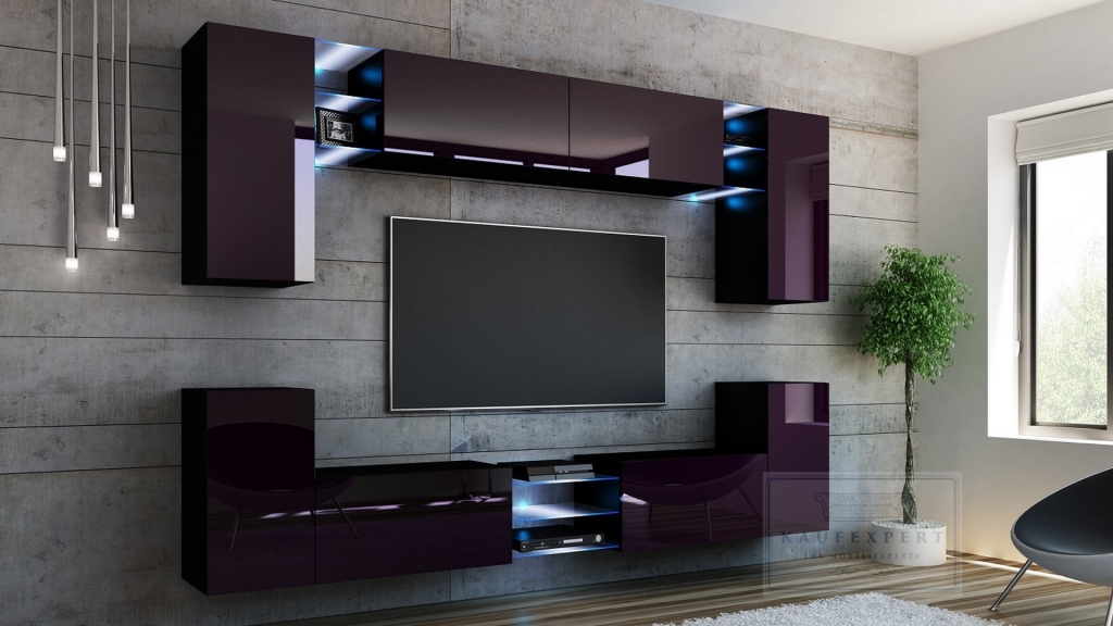 Wohnwand Galaxy Aubergine Hochglanz/ Schwarz Mediawand Medienwand Design Modern Led Beleuchtung MDF Hochglanz Hängewand Hängeschrank TV Wand