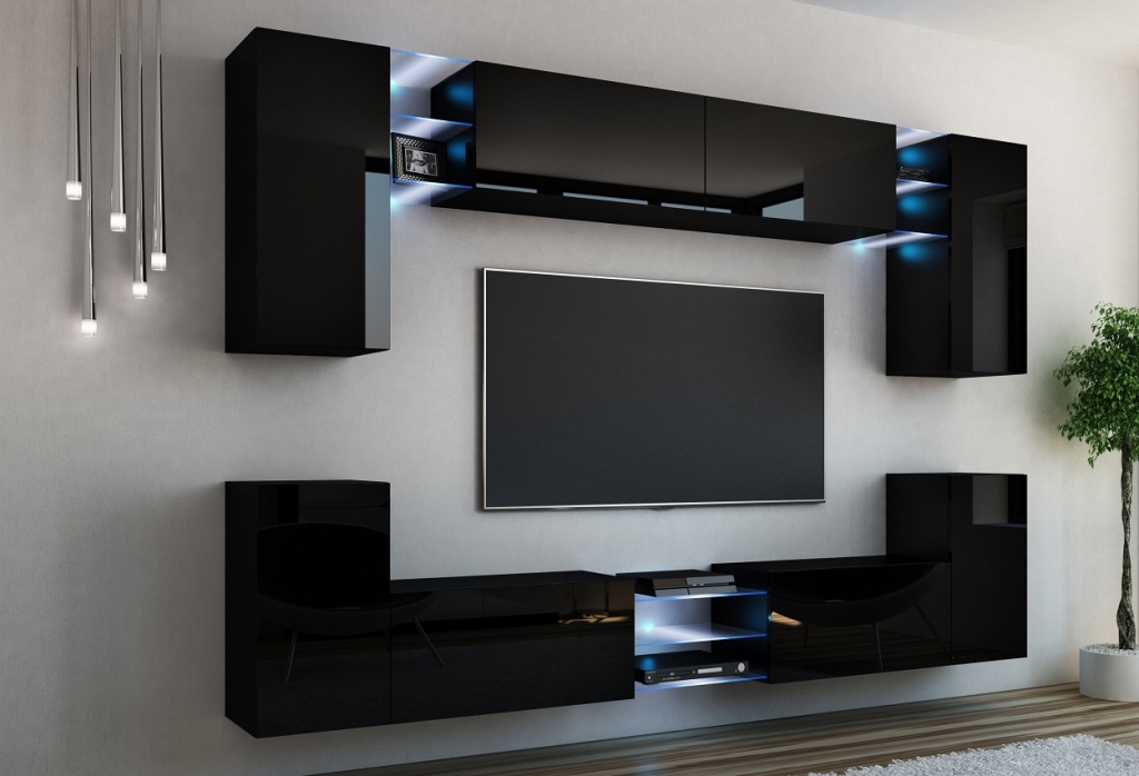 Wohnwand Galaxy Schwarz Hochglanz/ Schwarz Mediawand Medienwand Design Modern Led Beleuchtung MDF Hochglanz Hängewand Hängeschrank Galaxy TV Wand