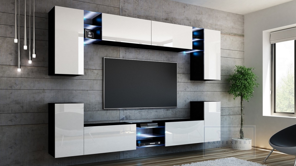 Wohnwand Galaxy Weiß Hochglanz/ Schwarz Mediawand Medienwand Design Modern Led Beleuchtung MDF Hochglanz Hängewand Hängeschrank Galaxy TV Wand