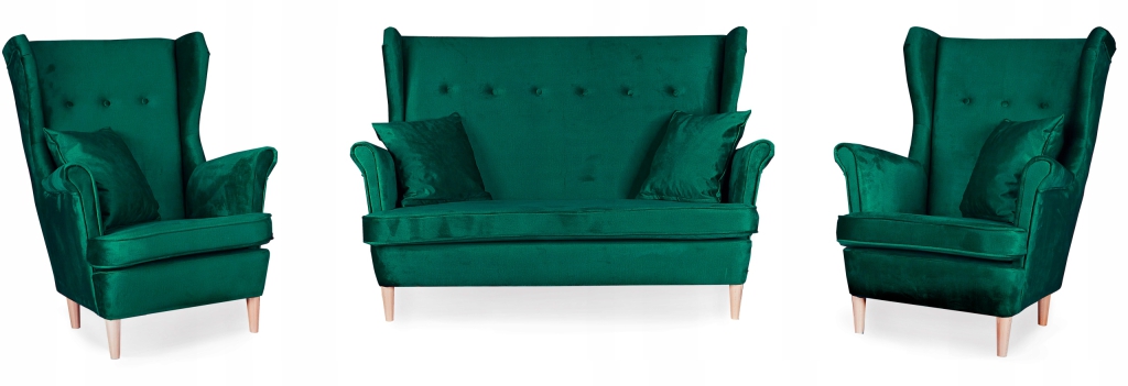 Sofagarnitur ARI Monolith 37 3-teilig Ohrensessel Sofa Velours Flaschengrün