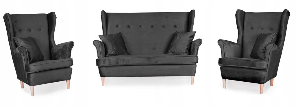Sofagarnitur ARI Monolith 97 3-teilig Ohrensessel Sofa Velours Anthrazit