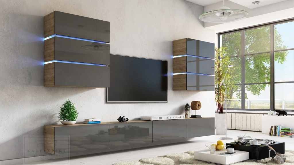 Wohnwand Dream Grau Hochglanz/Sonoma Eiche Matt 332 cm Mediawand Medienwand Design Modern Led Beleuchtung MDF Hochglanz Hängewand Hängeschrank TV Wand Shine Sigma Shadow