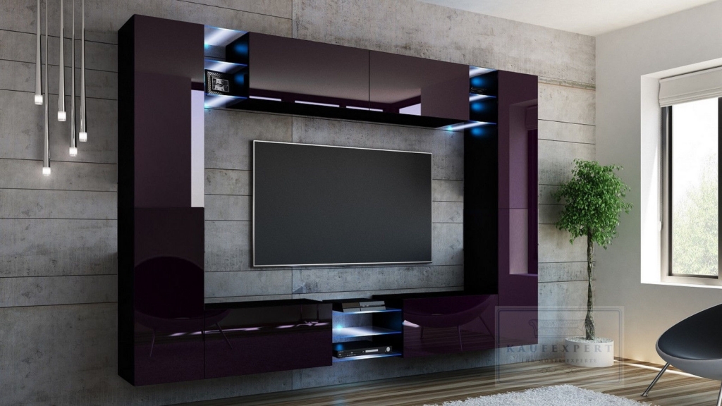 Wohnwand Kino Aubergine Hochglanz/ Schwarz Mediawand Medienwand Design Modern Led Beleuchtung MDF Hochglanz Hängewand Hängeschrank TV Wand