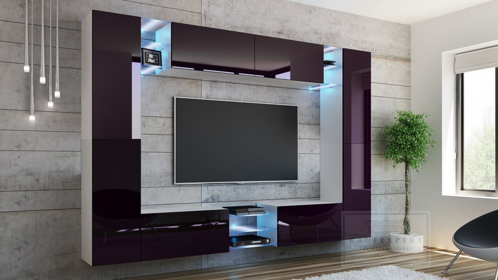 Wohnwand Kino Aubergine Hochglanz/ Weiß Mediawand Medienwand Design Modern Led Beleuchtung MDF Hochglanz Hängewand Hängeschrank TV Wand